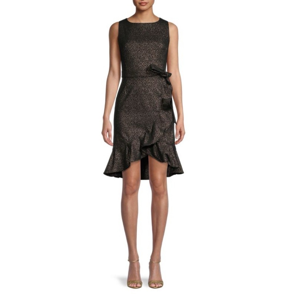 Calvin Klein Black Metallic Sparkle Ruffle Sheath Cocktail Dress 14 Holiday Glam